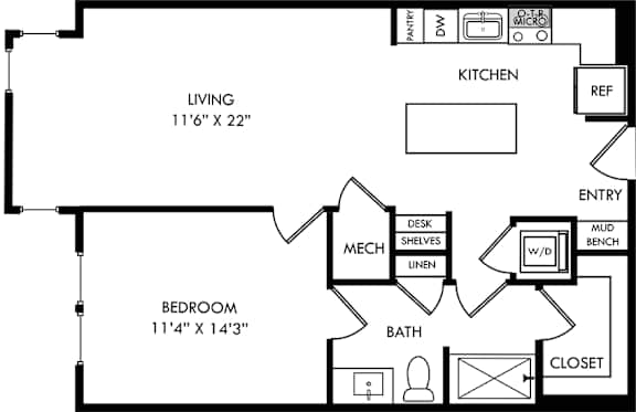 A black and white image of a floor plan for a small apartment.