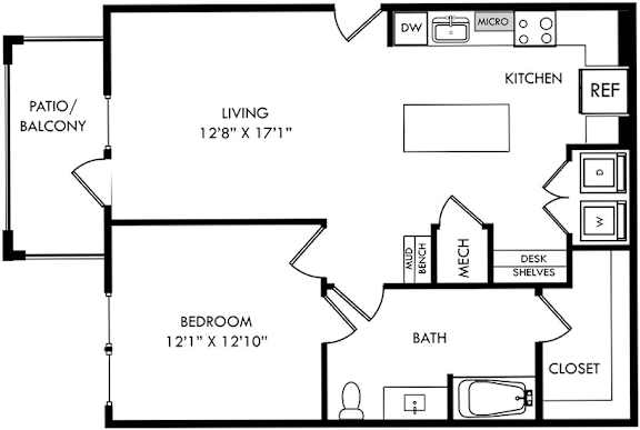 A black and white floor plan of a small apartment.
