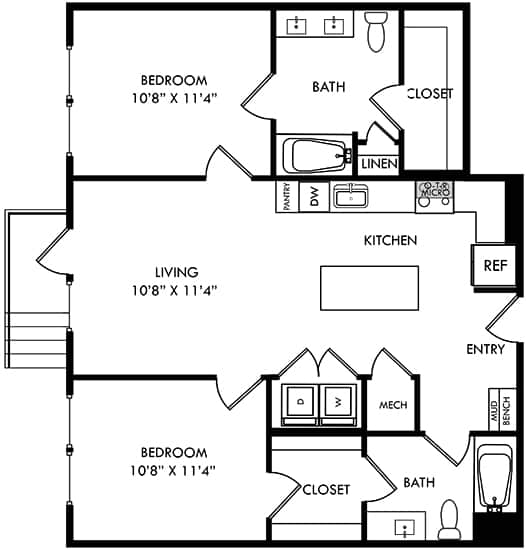 A black and white image of a floor plan for a two bedroom apartment.