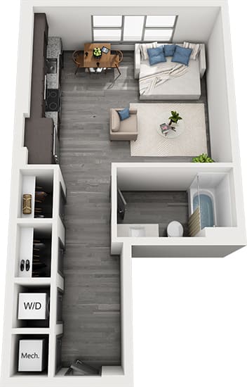 3D studio apartment. entrance hallway with laundry and two closets. kitchen open to living/sleeping area. bathroom