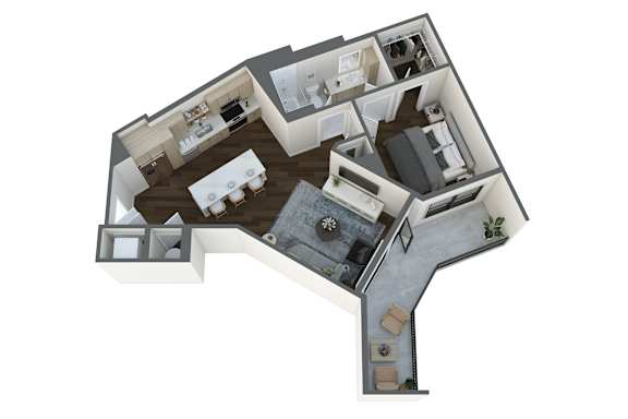 a 3d floor plan of a home with a bedroom and a living room