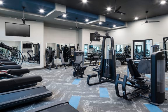 a gym with weights and cardio equipment and a tv