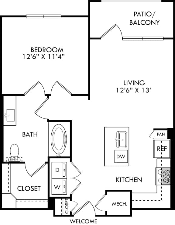 A floor plan of a home with a bedroom, bathroom, kitchen, and living room.