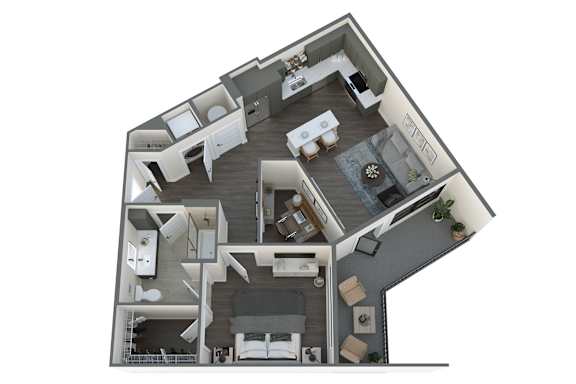 a 3d floor plan with a bedroom and a living room