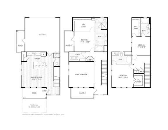 A floor plan of a house with three bedrooms, a garage, and a porch.