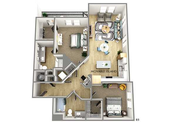 A 3D floor plan of an apartment with a movable island in the kitchen.