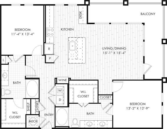 A floor plan of a home with a living room, dining room, kitchen, and two bedrooms.