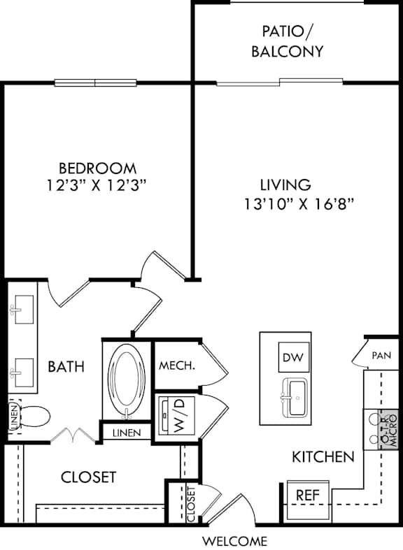 A floor plan of a home with a bedroom, bathroom, kitchen, and living room.