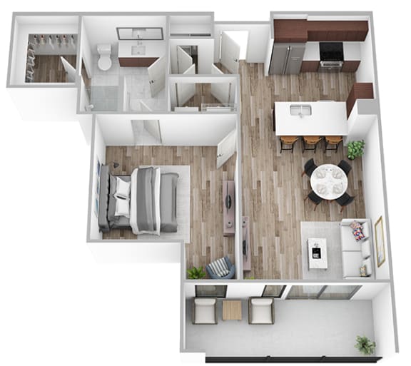 a stylized floor plan with a bedroom and a living room