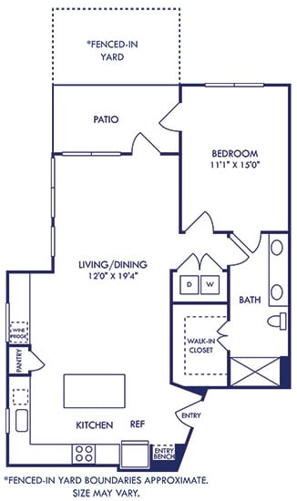 1 bedroom 1 bath. entry bench and opens to kitchen with island. drybar with wine fridge. kitchen overlooks dining/living area. Patio access with Fenced-in Yard. washer/dryer in hallway closet leading to bedroom and dual access bathroom with standalone shower. walk-in closet in bathroom.