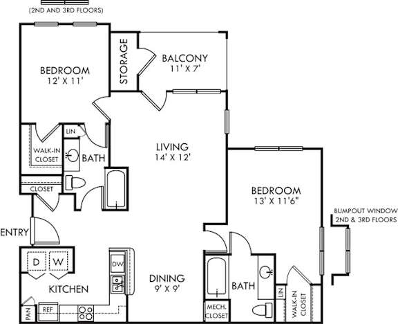 A black and white image of a floor plan for a two bedroom apartment.