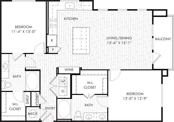A floor plan of a house with a living room, dining room, kitchen, and two bedrooms.