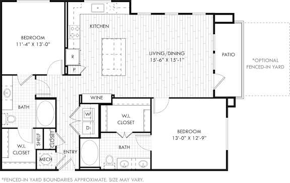 A floor plan of a house with a living area, kitchen, and two bedrooms.
