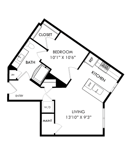 A floor plan of a house with a living room, two bedrooms, a bathroom, and a kitchen.