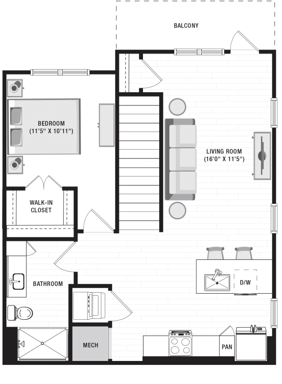 1 bedroom floorplan on 2nd floor. Stairs open into Kitchen with peninsula island. Kitchen overlooks living room area. Stackable washer/dryer in closet in kitchen. Bathroom with linen cabinet. Bedroom with large walk-in closet.