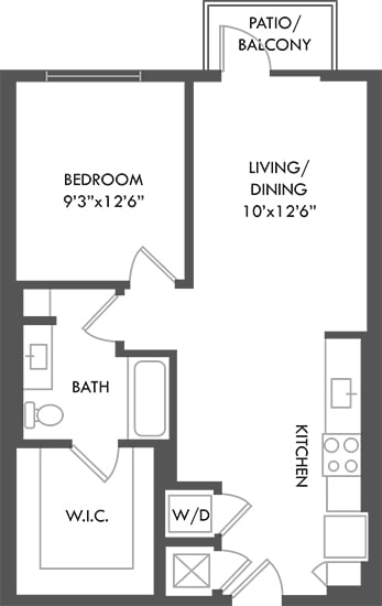 1 bedroom floorplan with kitchen and dining area, stackable washer/dryer. Living area with patio/balcony. bathroom entrance from living and bedroom. walk in closet attached to bathroom