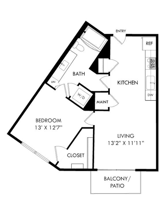 A floor plan of a house with a bedroom, bath, kitchen, and living room.