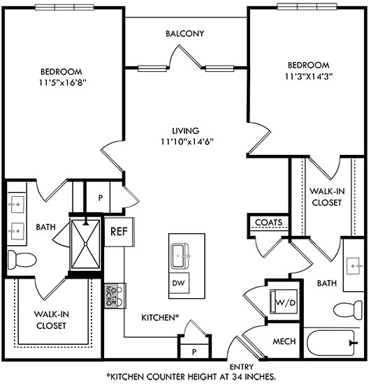 a floor plan of a home with two bedrooms and two bathrooms