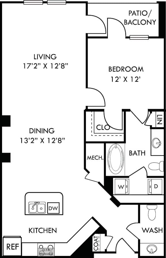 A floor plan of a home with a living room, dining room, kitchen, bathroom, and bedroom.