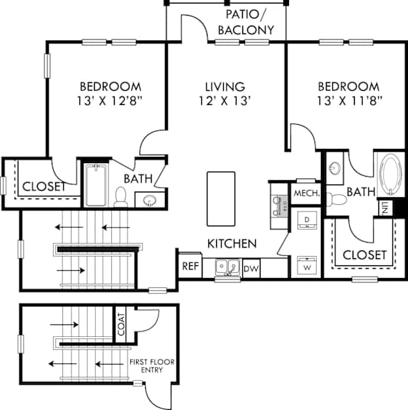 A floor plan of a two bedroom apartment with a living room, kitchen, bathroom and a patio/babylon.