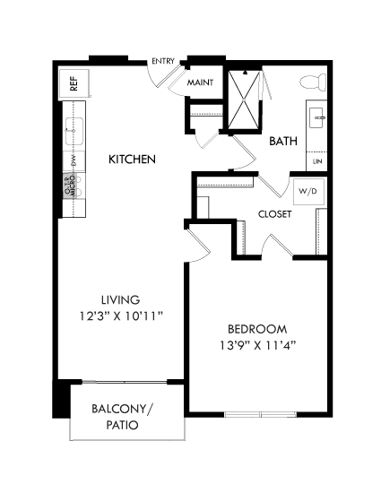 A floor plan of a house with a living room, kitchen, bathroom, and balcony.