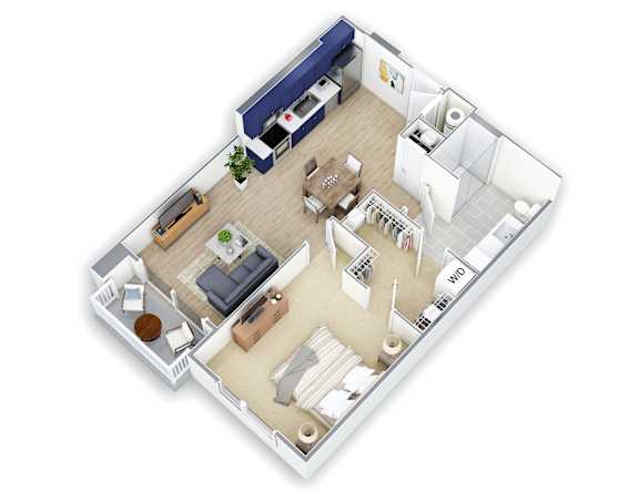 A 3D floor plan of a small apartment with a living room, kitchen, and bathroom.