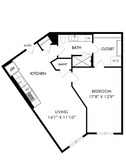 A floor plan of a house with a kitchen, living room, and bathroom.