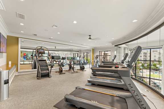 A gym with treadmills, exercise bikes, and other equipment.