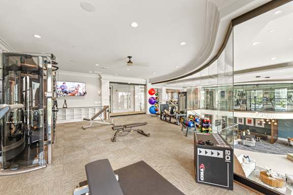 A gym with a variety of equipment including a treadmill, weights, and a bench press.