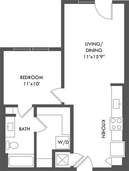 1 bedroom floorplan. entrance open to kitchen, which leads to living/dining area. bedroom leading to bathroom with linen shelves. leading to walk-in closet with stackable w/d.