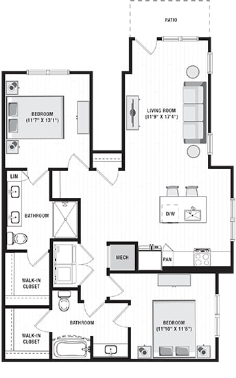 2 bedroom first floor apartment. patio entrance opens into living room area. leads to kitchen with island and pantry. full size washer/dryer in closet off of the kitchen, next to guest access to bathroom. bathroom connects to bedroom and large walk-in closet. 2nd bedroom with private bath and dual sink vanity. Standalone shower. bath connects to large walk-in closet.