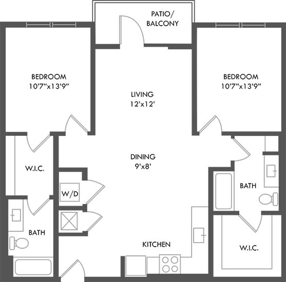 2 bedroom floorplan. L-shaped kitchen overlooking dining and living area.  bedrooms on opposite sides of the apartment. Walk-in closets. 2 bathrooms. W/D in kitchen area. Patio/Balcony.