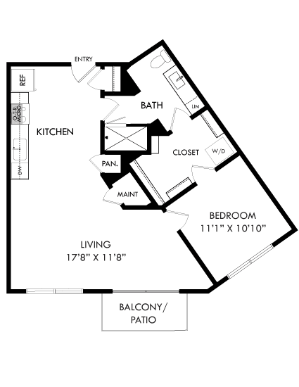 A floor plan of a house with a kitchen, living room, and bathrooms.
