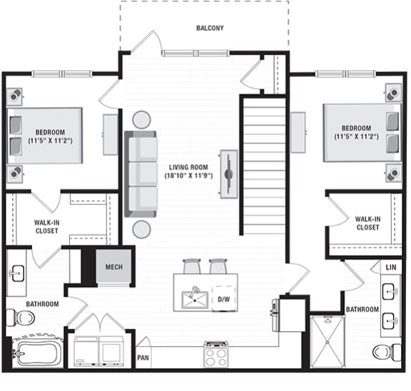 2 bedroom 2 bath 2nd floor apartment. stairwell opens into L-shaped kitchen with island overlooking living room. bedrooms on opposite sides of floorplan. master bath has private bath with dual vanity and walk-in shower. full size washer/dryer. private balcony