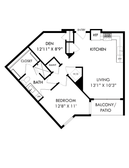 A floor plan of a house with a kitchen, living room, and bathroom.