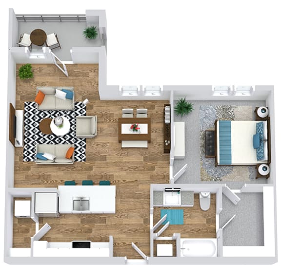 1 bedroom 3D floorplan with u-shaped kitchen with island peninsula overlooking dining/living. bedroom with private bath and w.i.c. balcony/patio. full size washer/dryer.