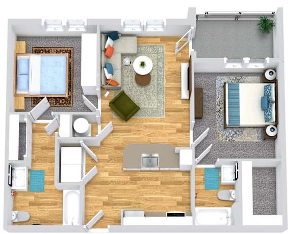 A top-down view of a living room with a couch, coffee table, and a television.