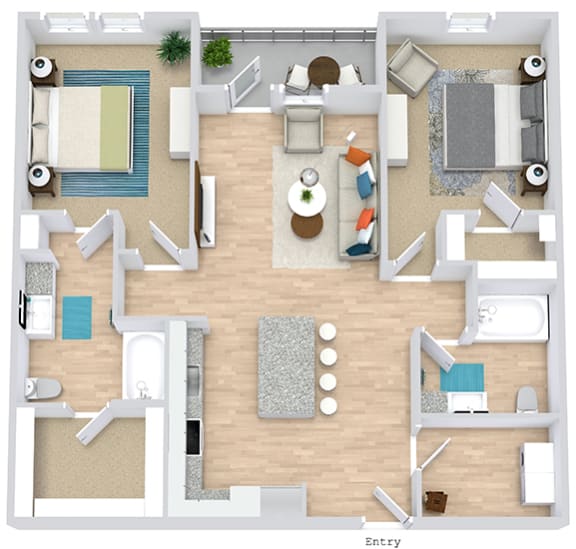 the 2 bedroom 2 bath hickory floorplan. entrance opens to l-shaped kitchen with island that overlooks the living area and entrance to patio/balcony. bedrooms on either side of the floorplan. Walk-in closets in each bedroom. guest access to secondary bathroom off of living area.