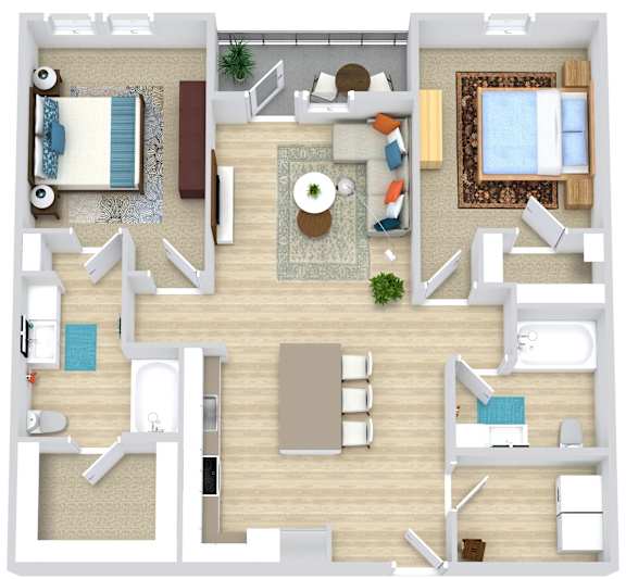 A top-down view of a house interior with a kitchen, living room, and bedrooms.