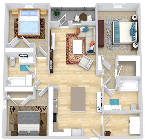 A top-down view of a house interior with a living room, dining area, kitchen, and bedrooms.