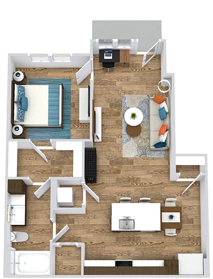 1 bedroom first floor apartment  entry opens into living room area which leads to the kitchen with island and pantry. Stackable Washer/Dryer. Guest access to bathroom. bathroom leads to large walk-in closet which is attached to the bedroom.