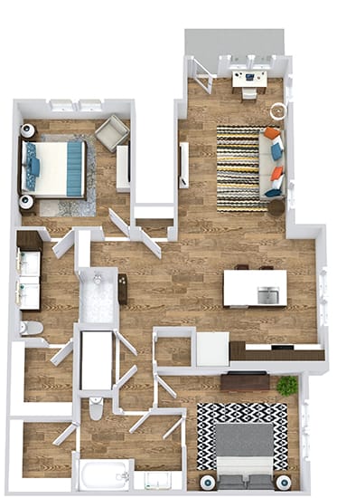 2 bedroom first floor apartment. patio entrance opens into living room area. leads to kitchen with island and pantry. full size washer/dryer in closet off of the kitchen, next to guest access to bathroom. bathroom connects to bedroom and large walk-in closet. 2nd bedroom with private bath and dual sink vanity. Standalone shower. bath connects to large walk-in closet.