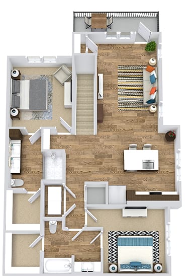 2 bedroom second floor apartment. stairwell entrance opens into kitchen with island and pantry. over looks the living room area. full size washer/dryer in closet off of the kitchen, next to guest access to bathroom. bathroom connects to bedroom and large walk-in closet. 2nd bedroom with private bath and dual sink vanity. Standalone shower. bath connects to large walk-in closet.