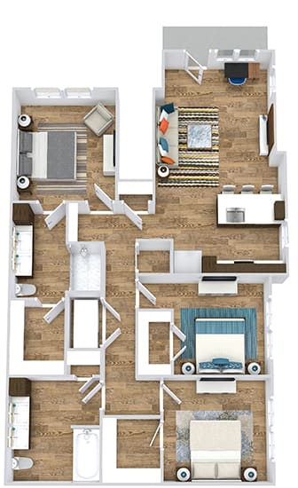 3 bedroom 1st floor apartment. patio entrance opens into living room area. kitchen with peninsula island overlooks living area. front bedroom is master with private bath with dual sink vanity, standalone shower and walk-in closet. hallway off of kitchen leads to full size washer/dryer closet. and  2 other bedrooms with walk-in closets. 2nd shared bath with linen closet.