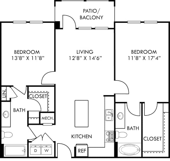 A black and white image of a house floor plan with three bedrooms, a living room, a kitchen, a bathroom, a patio/babylon, and a closet.