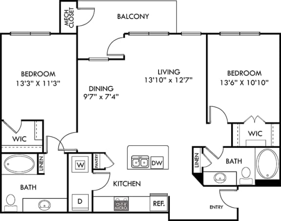 Nelson 2 bedroom apartment. Kitchen with island open to living & dining rooms. 2 full bathrooms. Walk-in closet in both bedrooms. Patio/balcony.