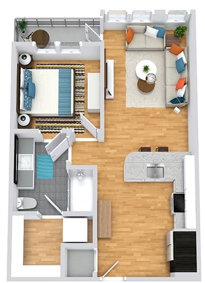 3D 1 bedroom 1 bath floorplan. Entry opens into kitchen with peninsula couters overlooking the living area.  Entrance to bedroom from the living room. Bathroom access available from living as well as bedroom. Walk-in closet with stackable washer/dryer. Balcony off of living room
