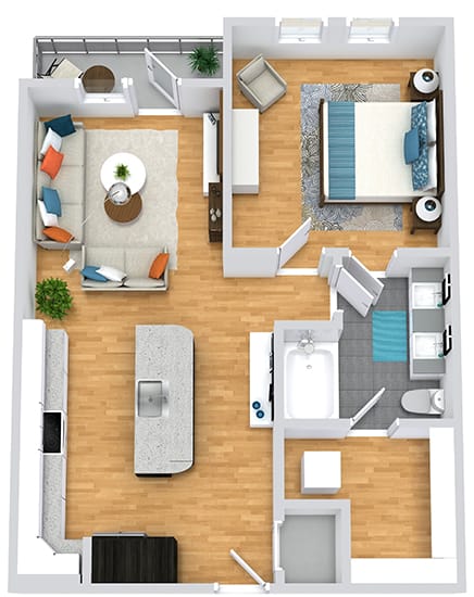 3D 1 bedroom 1 bath floorplan with entrance open to kitchen with l-shaped countertops and island. Open to living area and balcony. Bedroom off of living with entrance to bath. guest entrance to bath from living. Walk-in closet through the bathroom with stackable washer/dryer