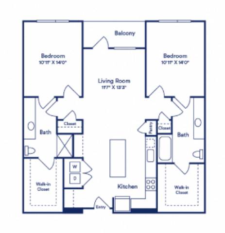 blue and white floor plan of a bedroom apartment