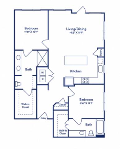 blue and white floor plan of a bedroom apartment